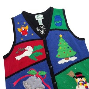 The‎ Quaker Factory Christmas Vest Women's M Snowman Tree Bells Angel Mitten